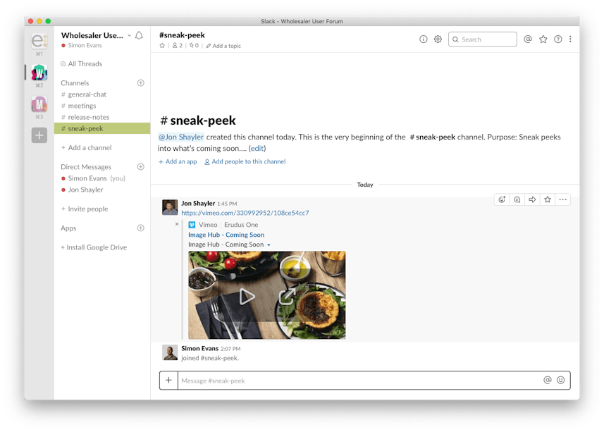 Erudus sneak peek Slack channel for Wholesalers desktop view of erudus sneak peek slack channel with jon shayler posting a sneek peak vimeo of image capture