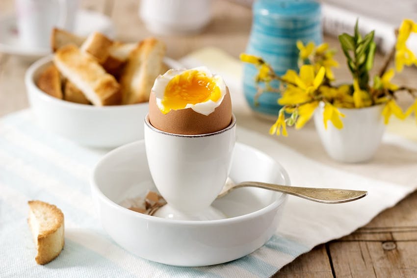 egg in a white egg cup with a liquidy yellow yolk next to a plate of toasted strips of bread 