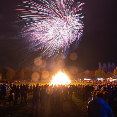 Bonfire Night Crowds gather around large bonfire surrounded by autumnal trees with fireworks lighting up the sky