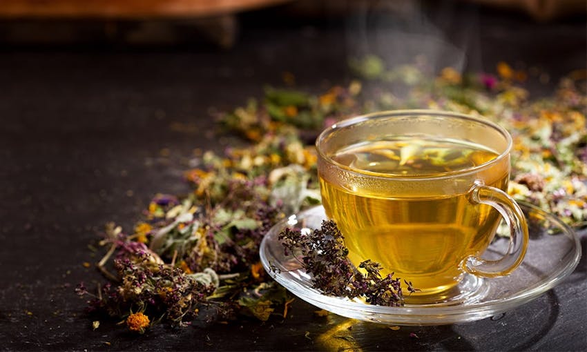 hot herbal tea in a clear glass cup and saucer with herbs and plants sprinkled across the dish and a dark wooden table 