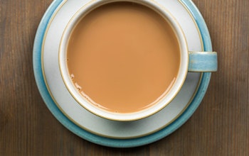 birds eye view of a nice strong english breakfast tea in a blue and white cup and saucer 