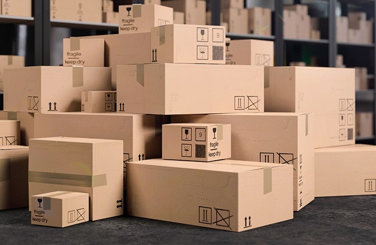 Stacked cardboard boxes in warehouse 