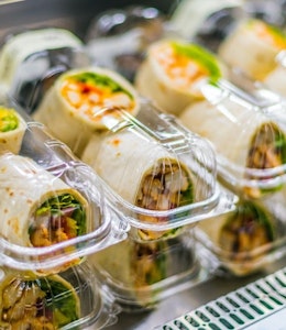 Wraps prepackaged in plastic containers ready for sale 