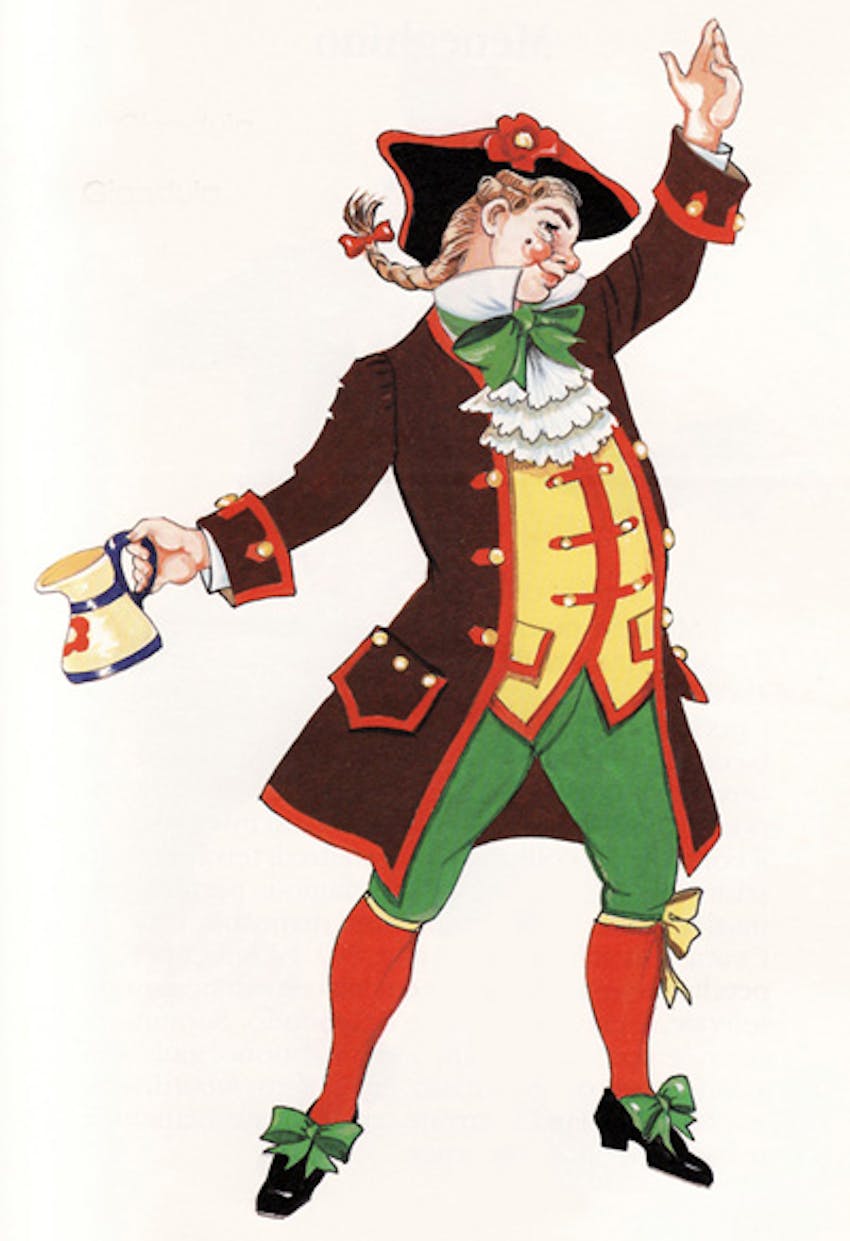 an old fashioned Piedmontese carnival character in brown, yellow, green garments with a black hat and plaited hair 