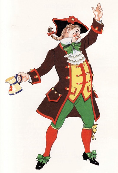 "Granduja" A carnival character in Piedmont who was the namesake of Gianduja, Hazelnut Chocolate Candy an old fashioned Piedmontese carnival character in brown, yellow, green garments with a black hat and plaited hair