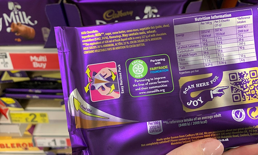 back of dairy milk family bar of chocolate showing the products ingredients, allergen information and nutritional content 
