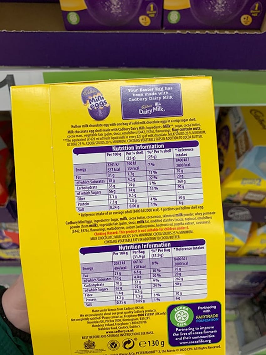 Back of Cadbury Mini Eggs easter egg box showing ingredients