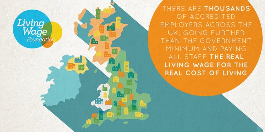 A doodle illustrated map of the UK which states there are thousands of accredited employers across the uk going further than the government minimum and paying all staff the real living wage for the real cost of living 