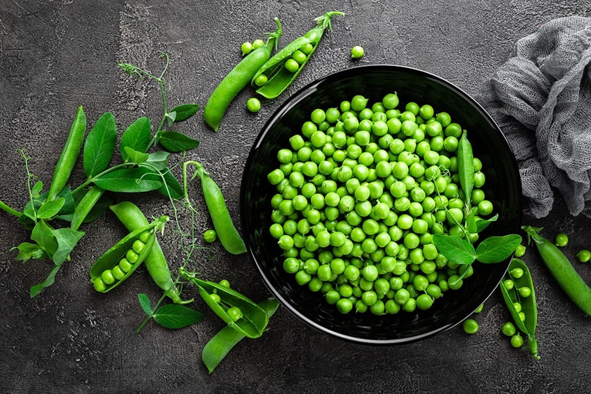 a black bowl of green garden peas on a grey marble worktop with pods filled with peas decorating the worktop 
