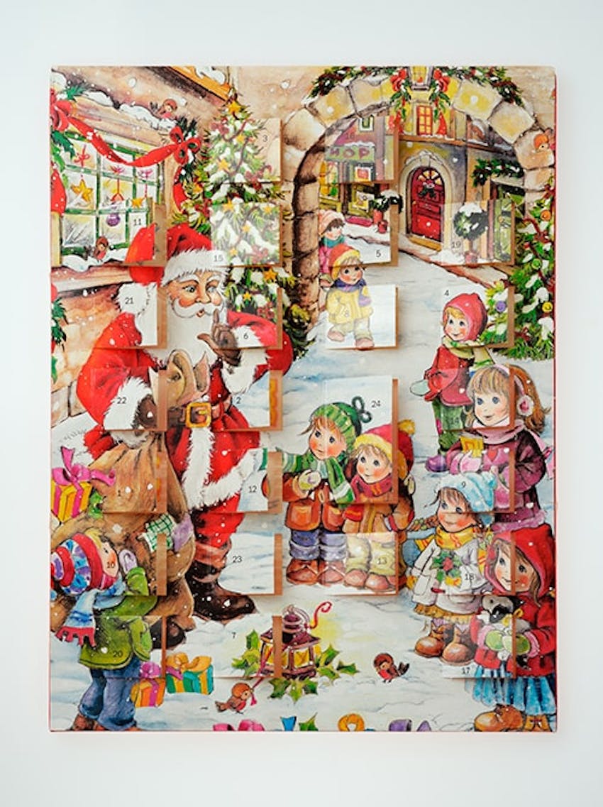 a chocolate advent calendar with santa handing out gifts to children 