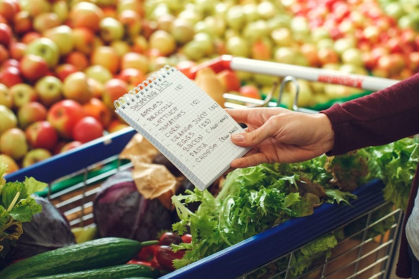 a hand holds a shopping list over a trolley filled with green veg in a supermarket fruit aisle 