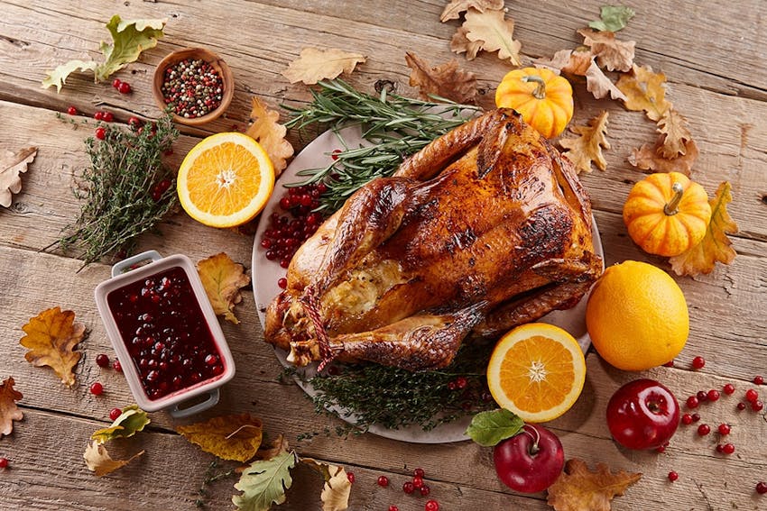 christmas turkey on a white plate surrounded by autumnal leaves, pumpkins sliced oranges apples and a small white tray of cranberry sauce