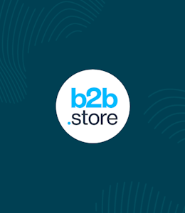 white circle with b2b store logo inside surrounded by erudus dark blue and fingerprint graphics 