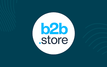 white circle with b2b store logo inside surrounded by erudus dark blue and fingerprint graphics 