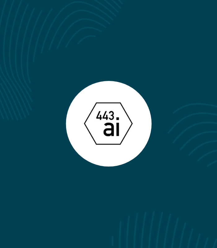 white circle with 443 ai logo inside surrounded by erudus dark blue and fingerprint graphics 