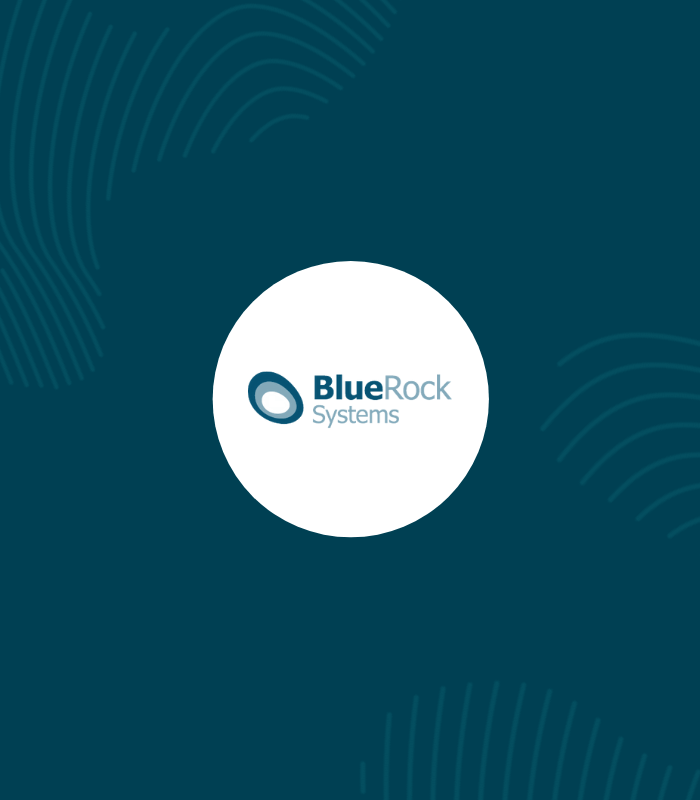 white circle with blue rock systems logo inside surrounded by erudus dark blue and fingerprint graphics 