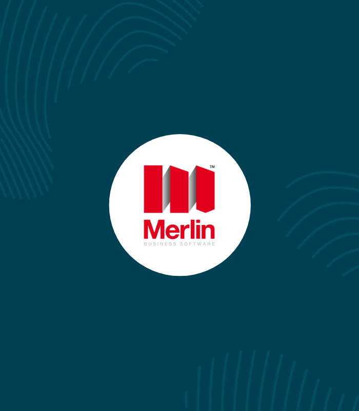 white circle with merlin logo inside surrounded by erudus dark blue and fingerprint graphics 