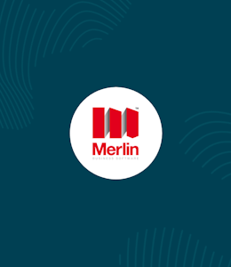 Merlin Integration Partnership  white circle with merlin logo inside surrounded by erudus dark blue and fingerprint graphics