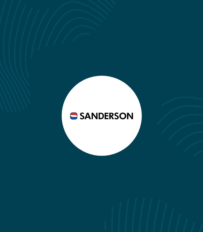 white circle with sanderson logo inside surrounded by erudus dark blue and fingerprint graphics 