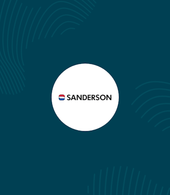 white circle with sanderson logo inside surrounded by erudus dark blue and fingerprint graphics 