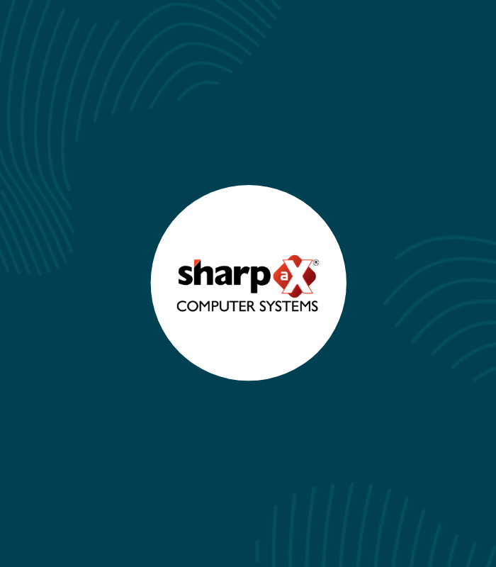 white circle with sharp ax logo inside surrounded by erudus dark blue and fingerprint graphics 