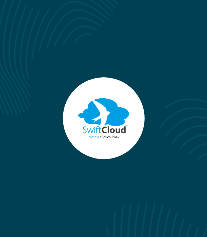 white circle with swiftcloud logo inside surrounded by erudus dark blue and fingerprint graphics 