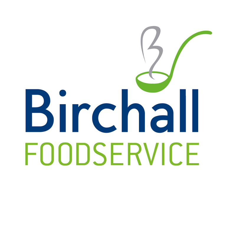 Birchall Foodservice Logo birchalls in blue text above foodservice in green text all underneath a green soup spoon icon holding the letter b for birchalls