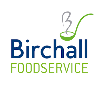 birchalls in blue text above foodservice in green text all underneath a green soup spoon icon holding the letter b for birchalls 