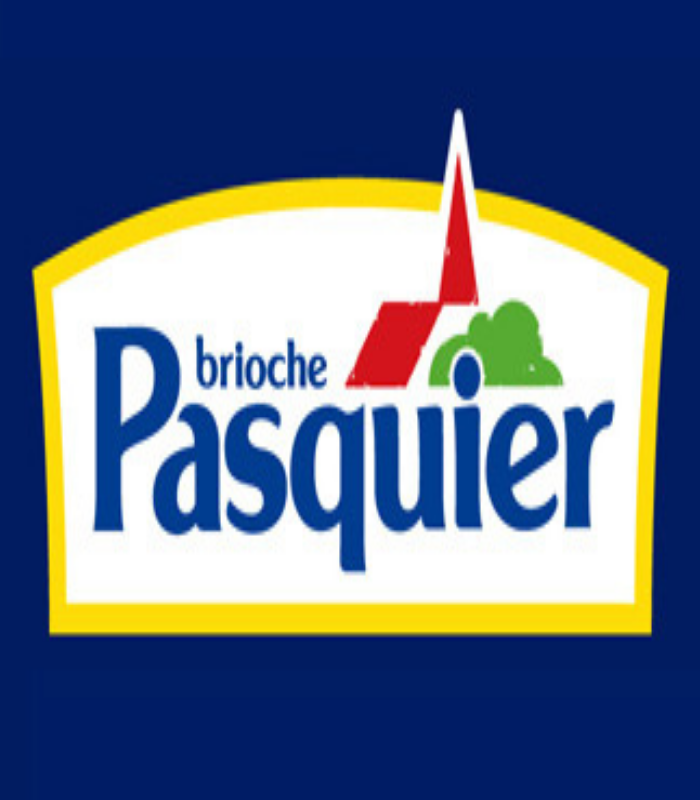 white square with a curved top and yellow border containing dark blue brioche pasquier text on a dark blue background 