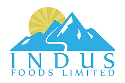 Indus Foods Limited in Light Turquoise text underneath the same colour light blue mountain range with a yellow wheel symbolising the sun appearing behind the mountains 