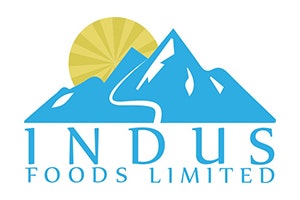 Indus Foods Logo Indus Foods Limited in Light Turquoise text underneath the same colour light blue mountain range with a yellow wheel symbolising the sun appearing behind the mountains