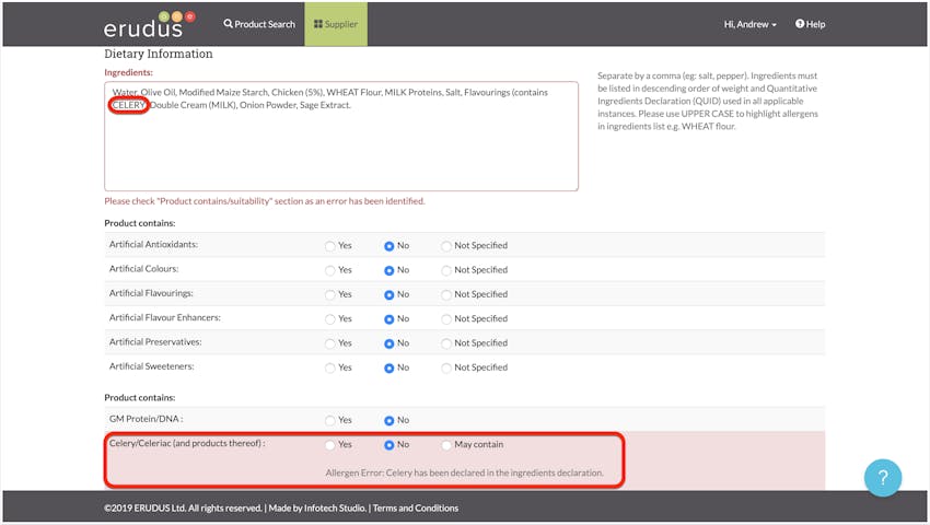 erudus manufacturer product specification allergen fields 