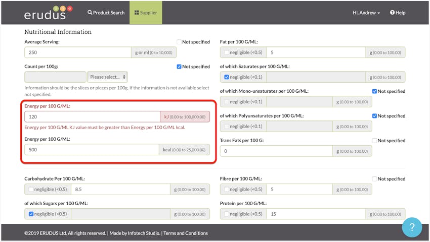 erudus manufacturer specification nutritional information calorie validation error