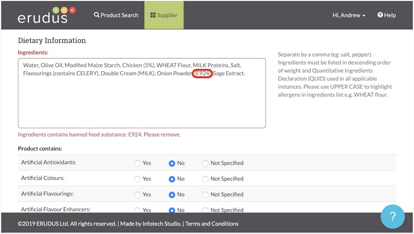 erudus manufacturer product specification banned food substance in ingredients showing validation error 