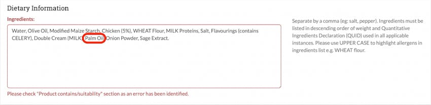 erudus product specification with palm oil validation error 