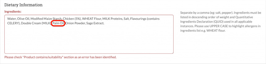 erudus product specification with palm oil validation error 
