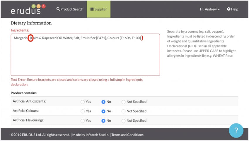 erudus specification showing text error validation