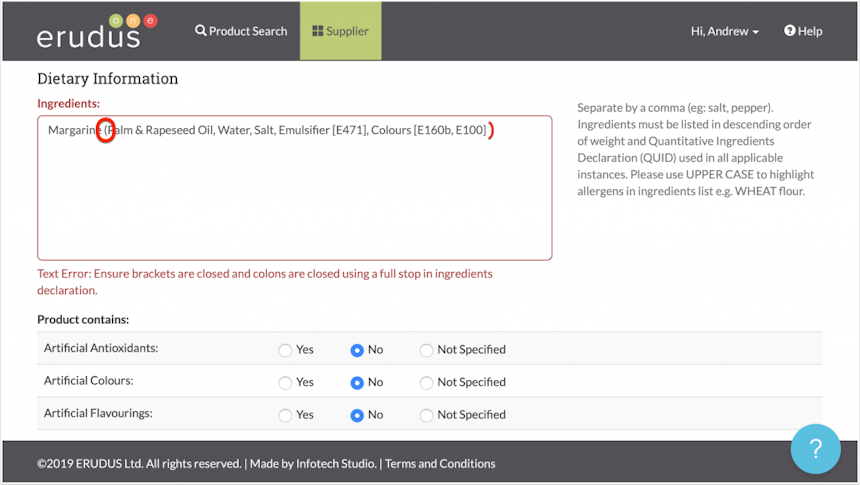 erudus specification showing text error validation