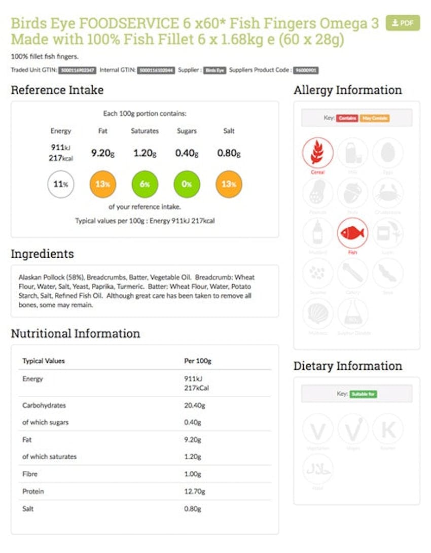 erudus birds eye fish fingers product specification with allergen and nutritional information 