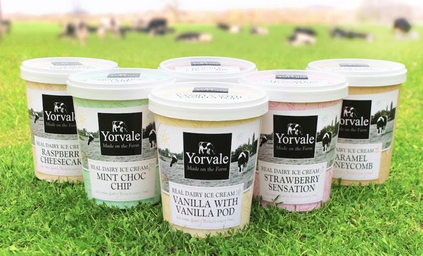 six varying flavours of yorvale real dairy ice cream in an arrow format in a green field with cows grazing in the background