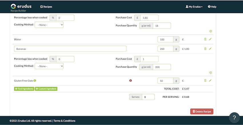 Erudus Recipe Builder in action