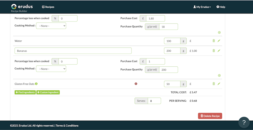 Erudus Recipe Builder Erudus Recipe Builder in action