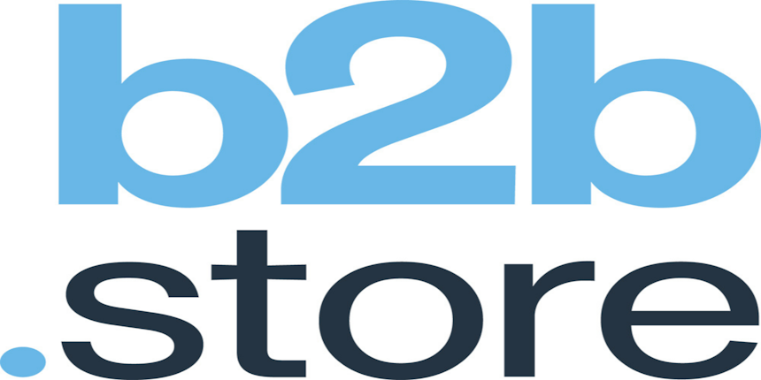 b2b written in light blue text with a full stop on top of the words store in black text  