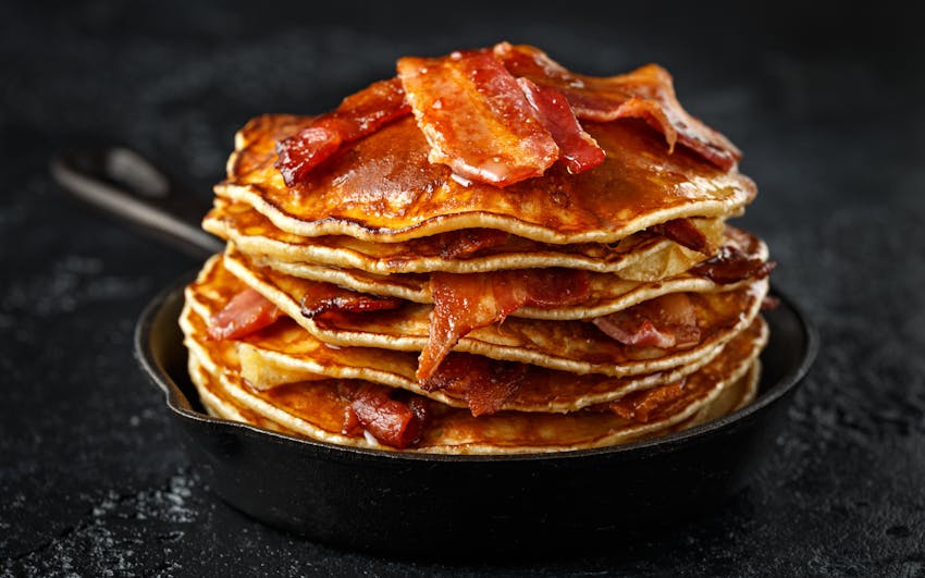 pancake stack with bacon and maple syrup toppings 14 allergen free