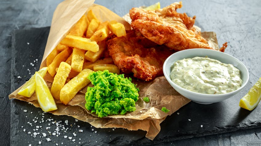 Fish supper with beer-battered cod