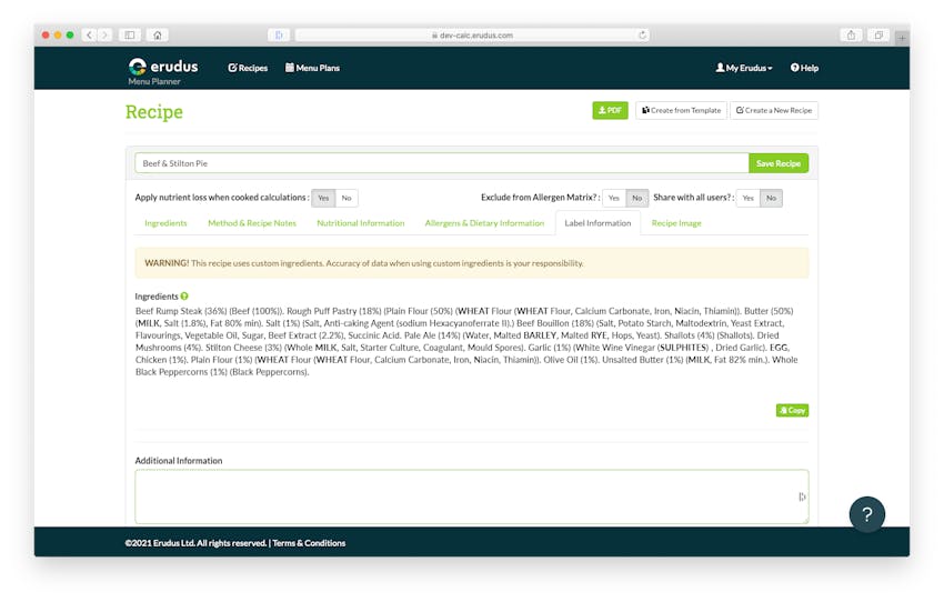 Erudus Recipe Builder Update - PPDS Labelling (QUID)