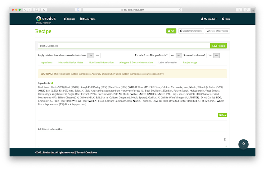 Erudus Recipe Builder Update - PPDS Labelling (QUID)