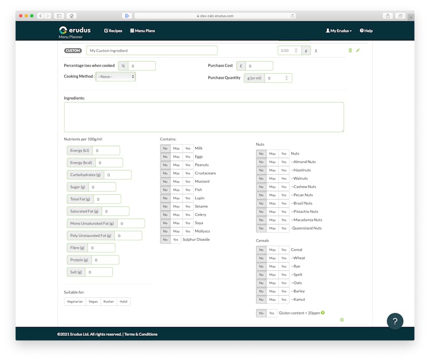 Erudus Recipe Builder Updates - Additions to Custom Ingredients 