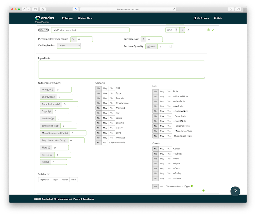 Erudus Recipe Builder Updates - Additions to Custom Ingredients 
