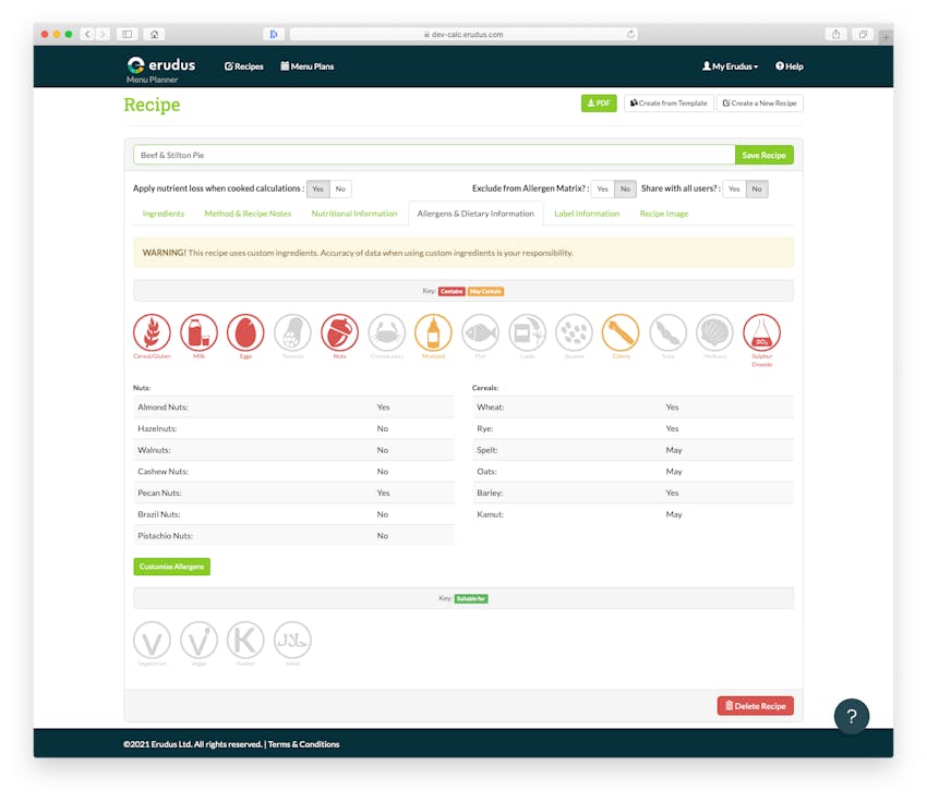 Updates to Erudus Recipe Builder - Allergy and Dietary Information